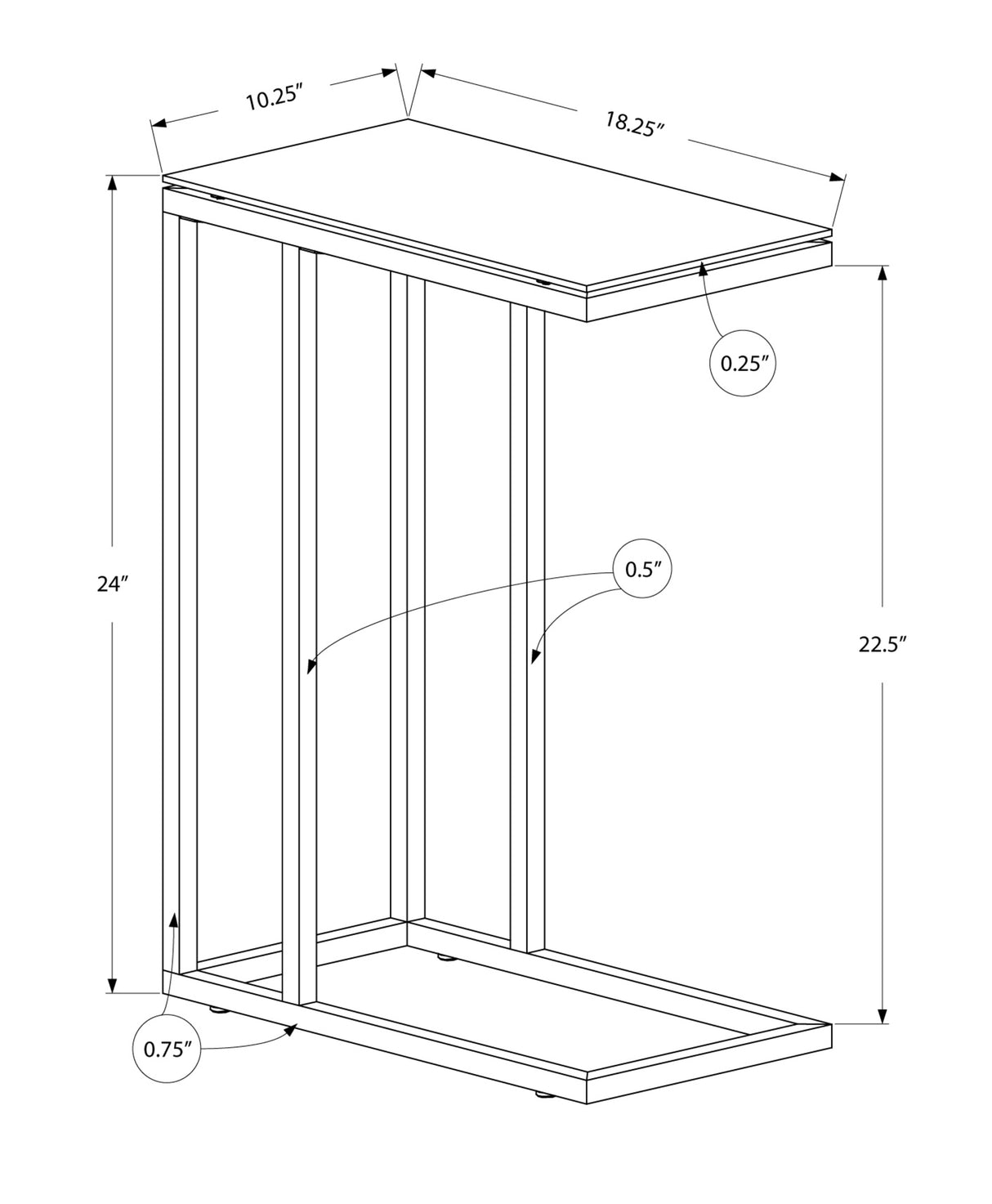 18.25" X 10.25" X 24" Black Metal Tempered Glass Accent Table