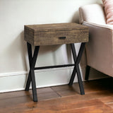 22" Black And Brown Wood And Metal End Table With Drawer