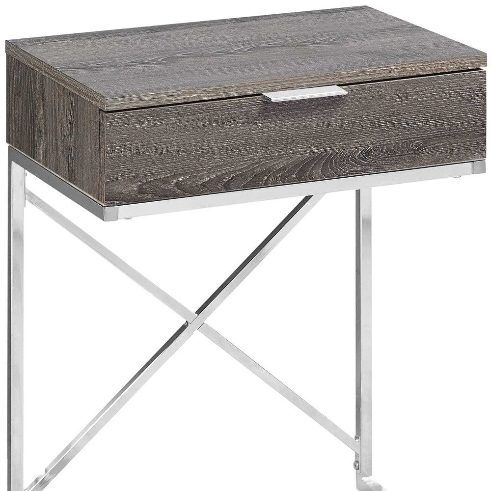 24" Silver And Gray Wood And Metal End Table With Drawer