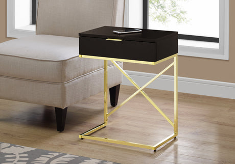 24" Gold And Black Wood And Metal End Table With Drawer