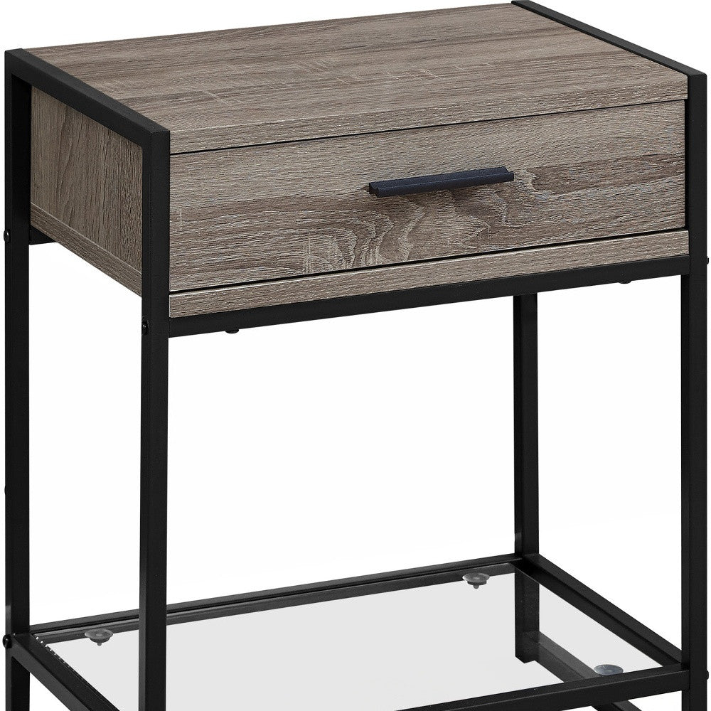 22" Black And Deep Taupe Glass And Metal End Table With Drawer And Shelf