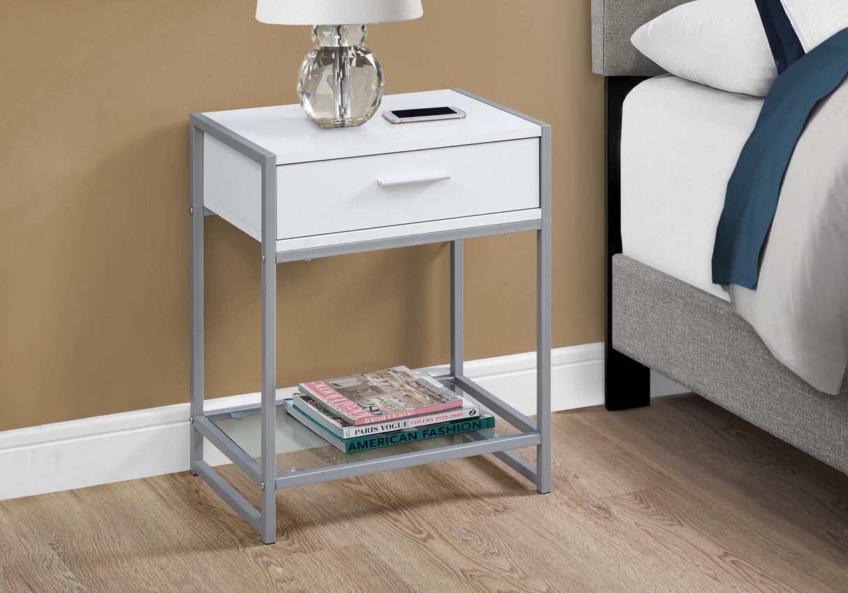 22" White Glass And Metal End Table With Drawer And Shelf