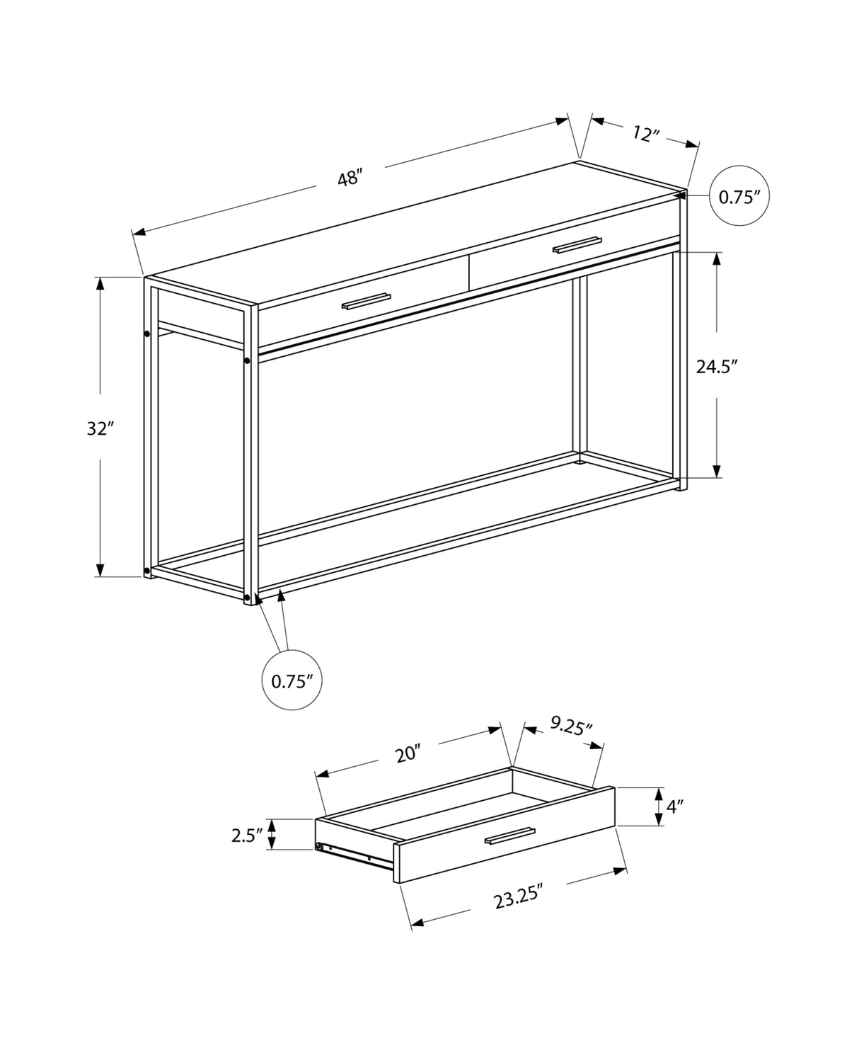 48" Gray and Black Frame Console Table And Drawers