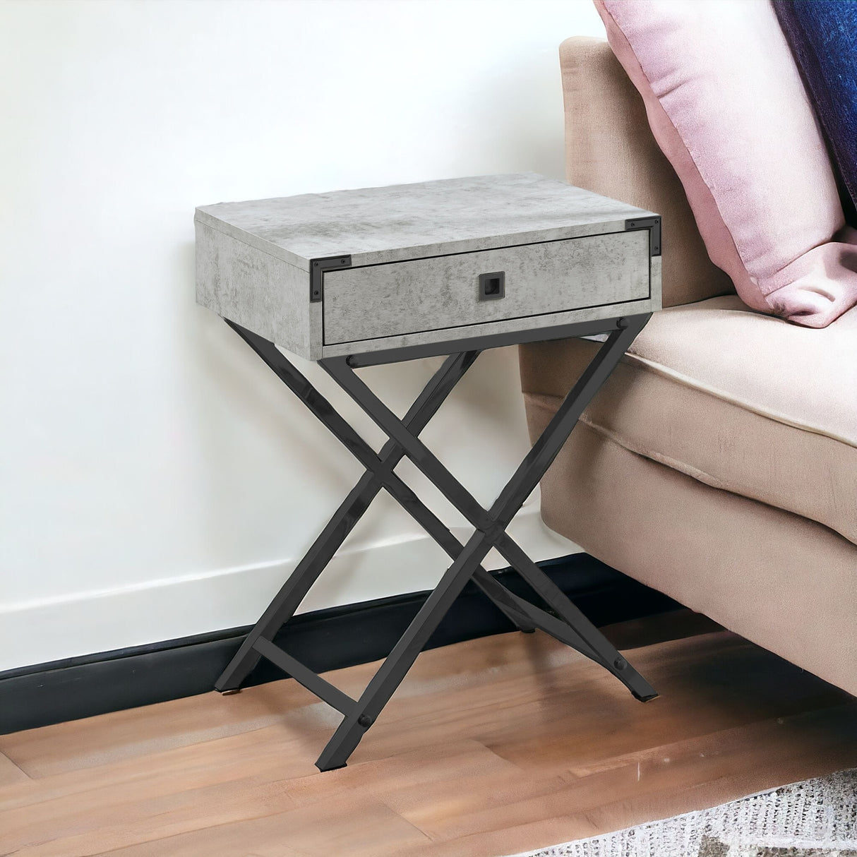 24" Black And Gray Wood And Metal End Table With Drawer