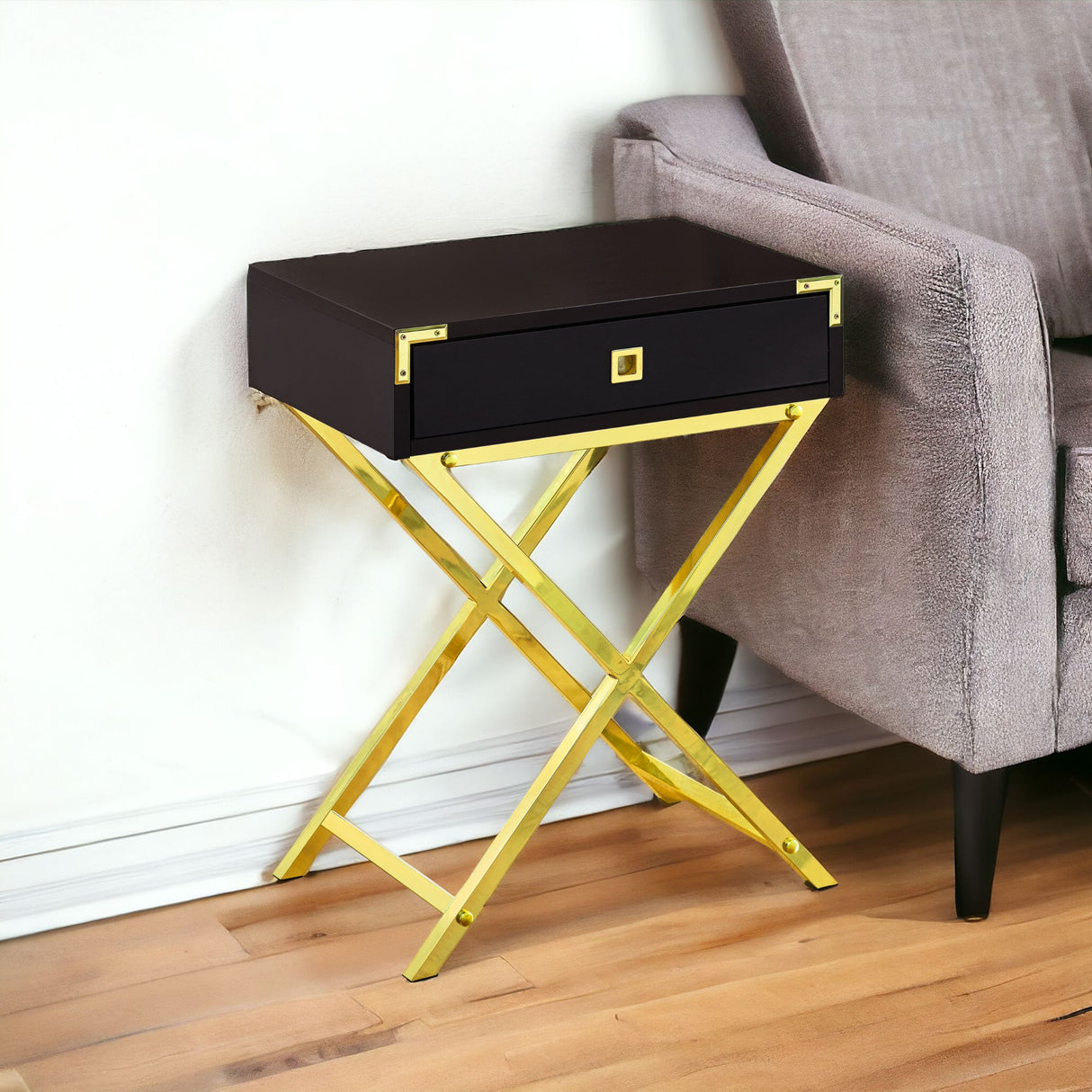 24" Black And Gray Wood And Metal End Table With Drawer