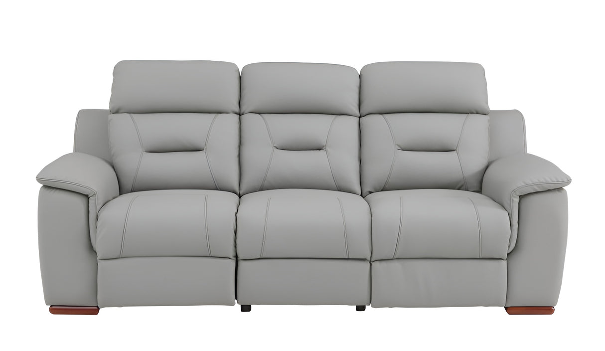 90" Gray Faux Leather Reclining Sofa With Brown Legs