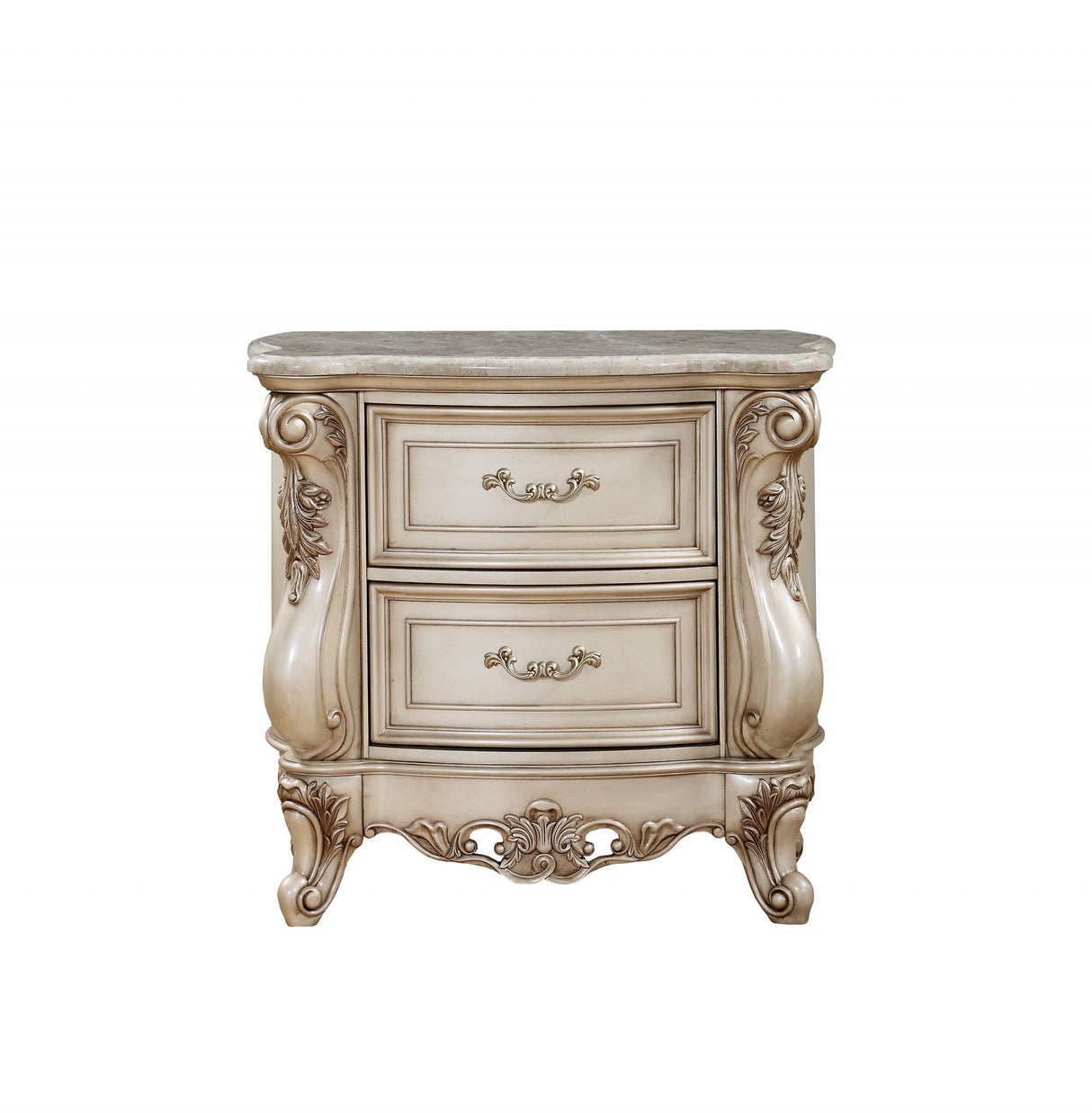 32" Antiqued White Two Drawers Mirrored Nightstand
