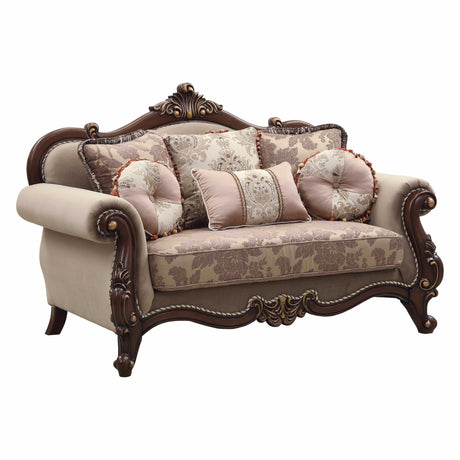 69" Beige and Gold And Brown Velvet Paisley Loveseat and Toss Pillows