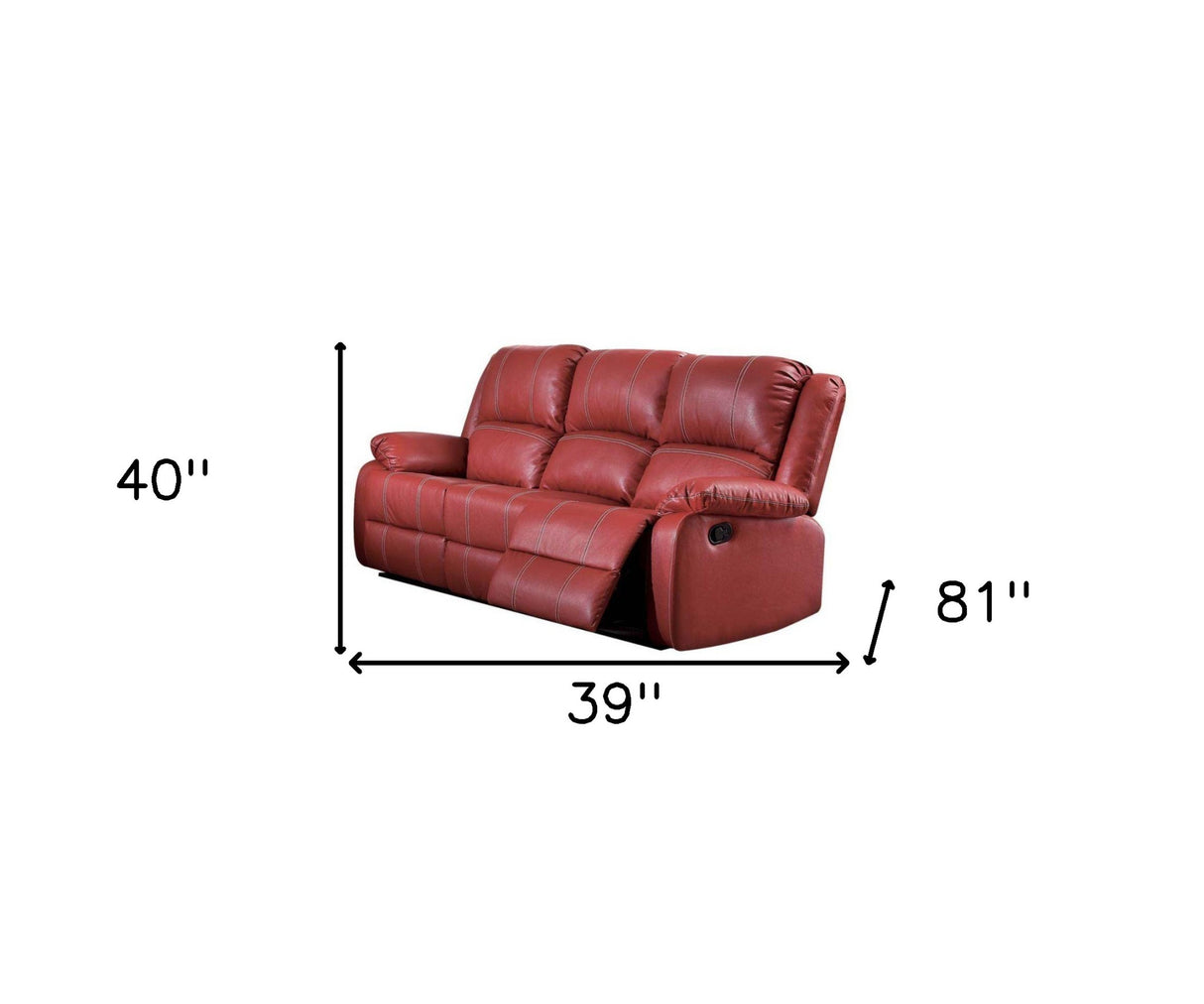 81" Red Faux Leather Reclining Sofa With Black Legs