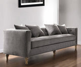 34" Gray Velvet Sofa And Toss Pillows With Brown Legs