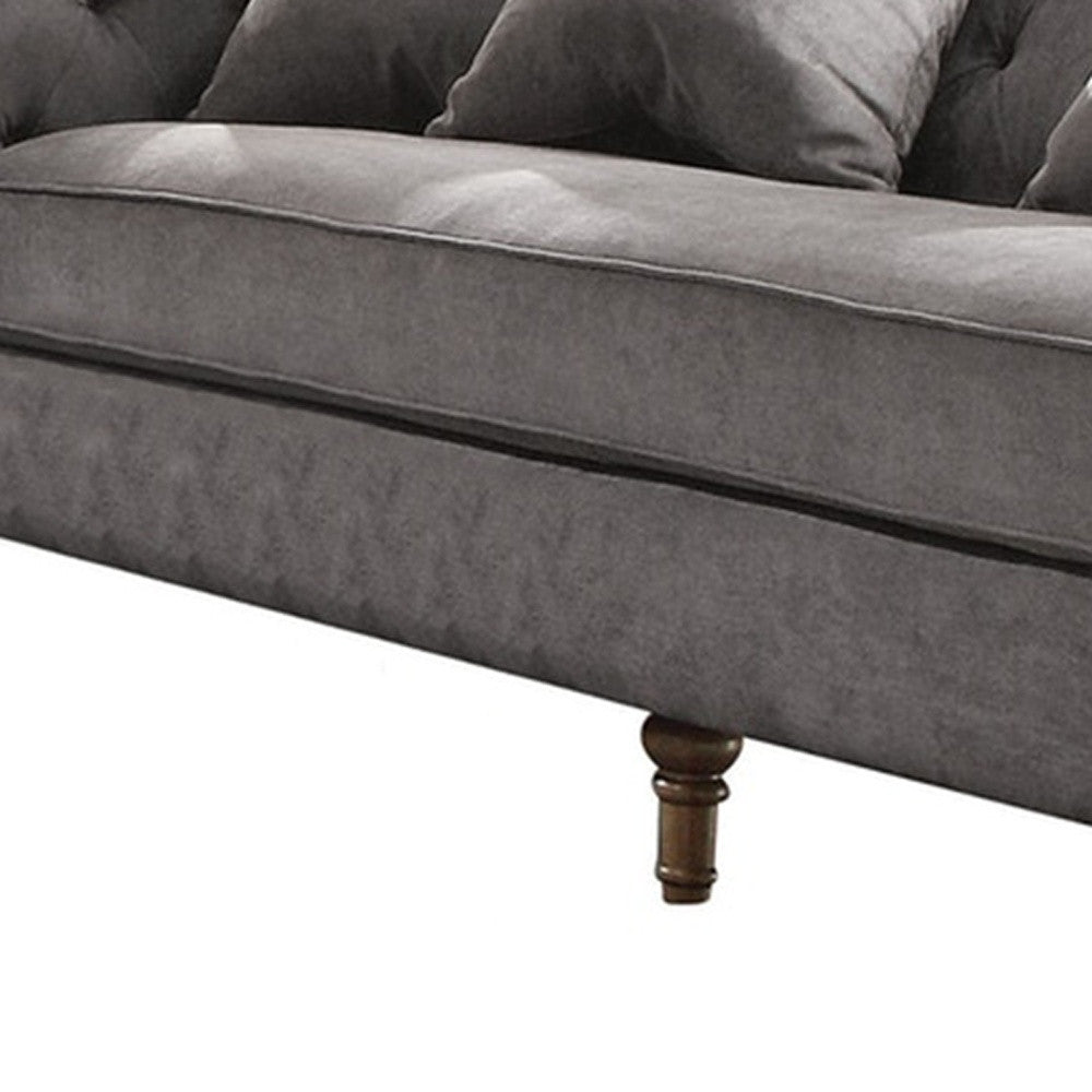 34" Gray Velvet Sofa And Toss Pillows With Brown Legs