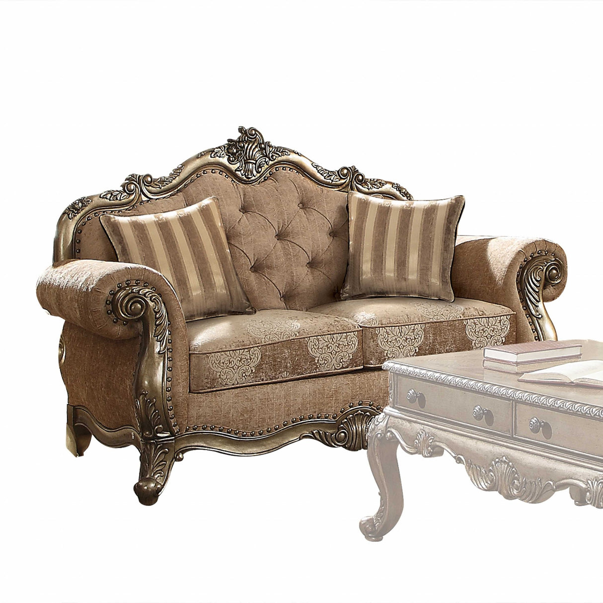 69" Gray And Off White Damask Chesterfield Loveseat and Toss Pillows