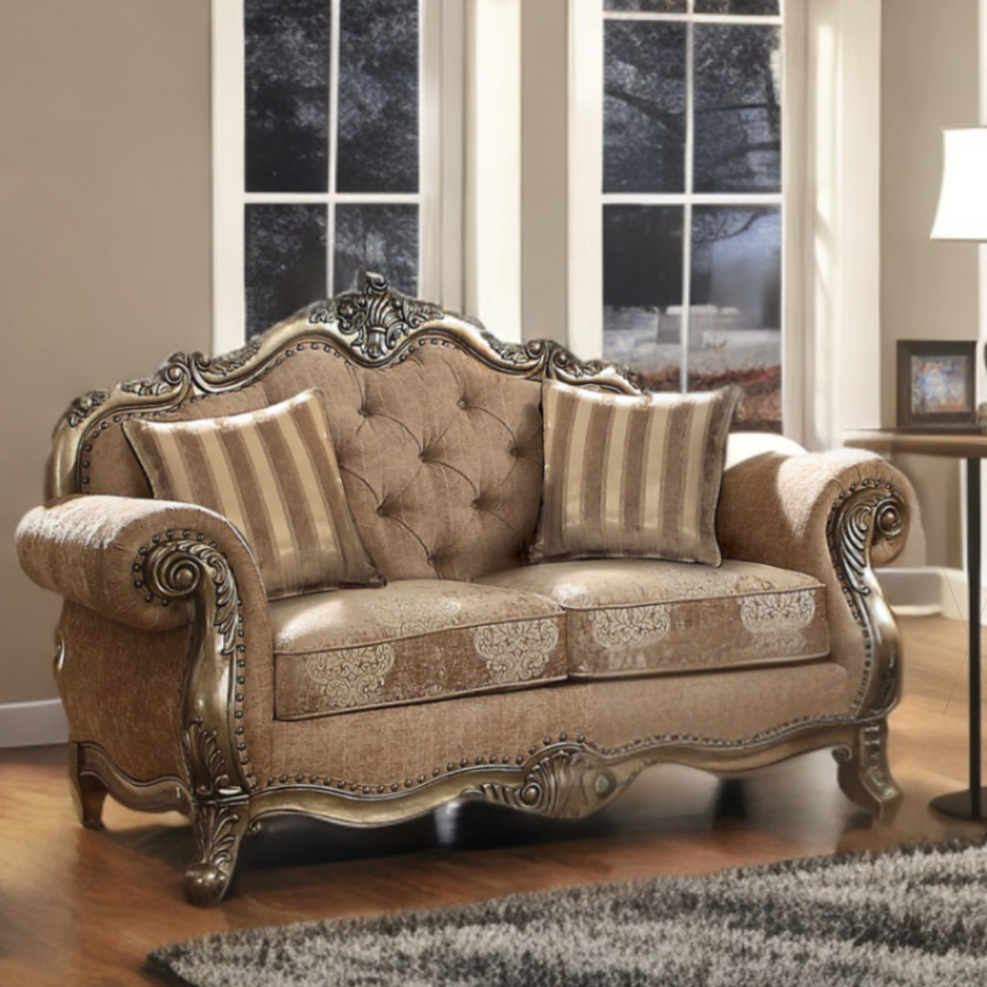 69" Gray And Off White Damask Chesterfield Loveseat and Toss Pillows