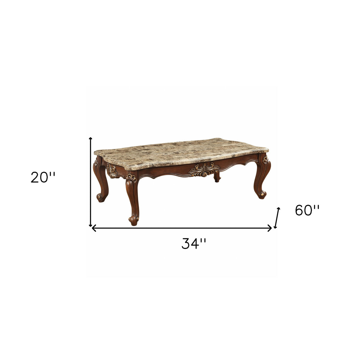 34" Brown And Dark Brown Genuine Marble And Solid Wood Free Form Coffee Table