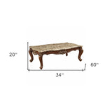 34" Brown And Dark Brown Genuine Marble And Solid Wood Free Form Coffee Table