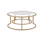 Set of Two 36" Clear White And Gold Glass Faux Marble And Iron Round Nested Coffee Tables