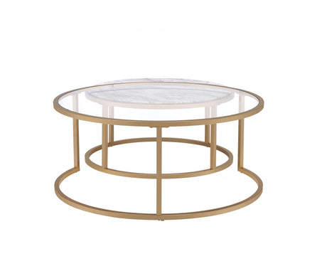 Set of Two 36" Clear White And Gold Glass Faux Marble And Iron Round Nested Coffee Tables