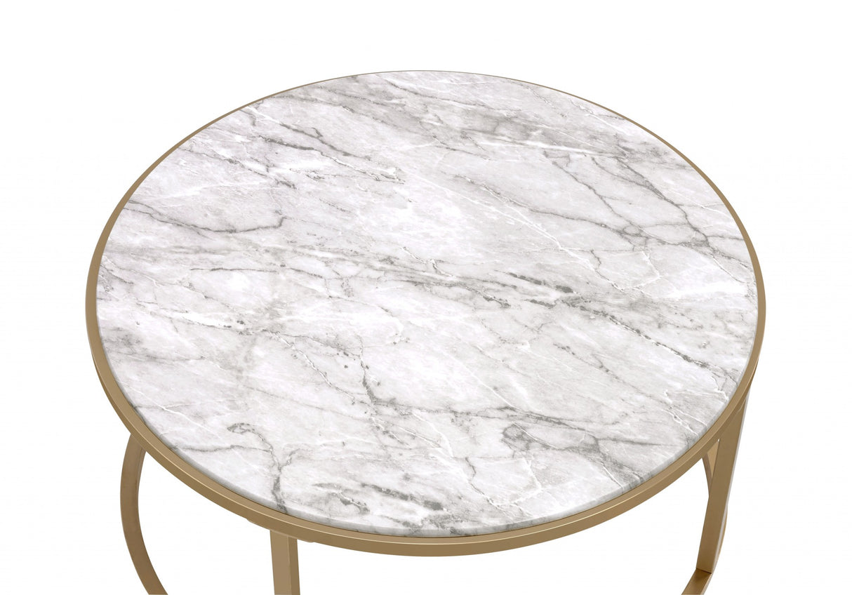 Set of Two 36" Clear White And Gold Glass Faux Marble And Iron Round Nested Coffee Tables