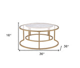 Set of Two 36" Clear White And Gold Glass Faux Marble And Iron Round Nested Coffee Tables