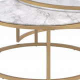 Set of Two 36" Clear White And Gold Glass Faux Marble And Iron Round Nested Coffee Tables