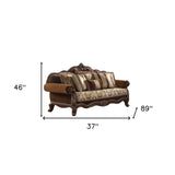 37" Oak Velvet Floral Sofa And Toss Pillows With Espresso Legs