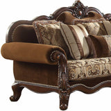 37" Oak Velvet Floral Sofa And Toss Pillows With Espresso Legs