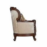 68" Cream And Brown Damask Chesterfield Loveseat and Toss Pillows