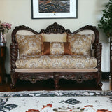 68" Cream And Brown Damask Chesterfield Loveseat and Toss Pillows