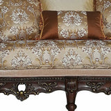 68" Cream And Brown Damask Chesterfield Loveseat and Toss Pillows