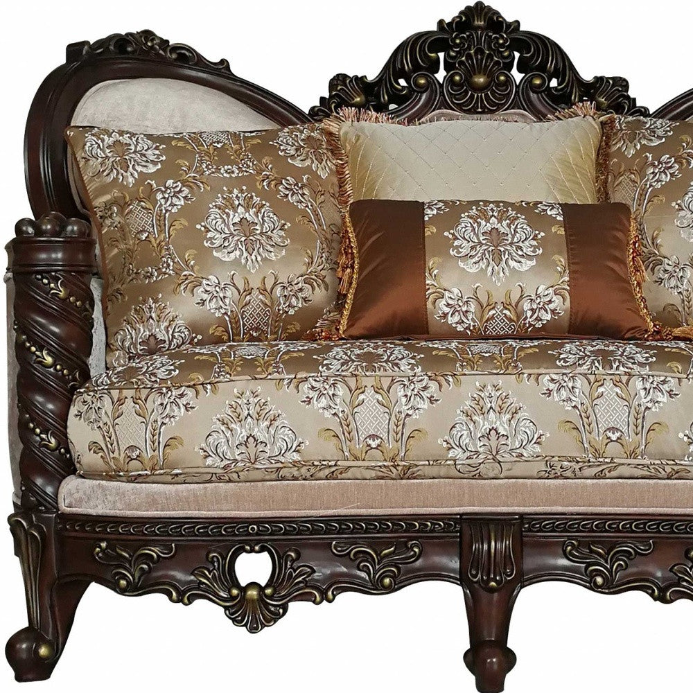 68" Cream And Brown Damask Chesterfield Loveseat and Toss Pillows