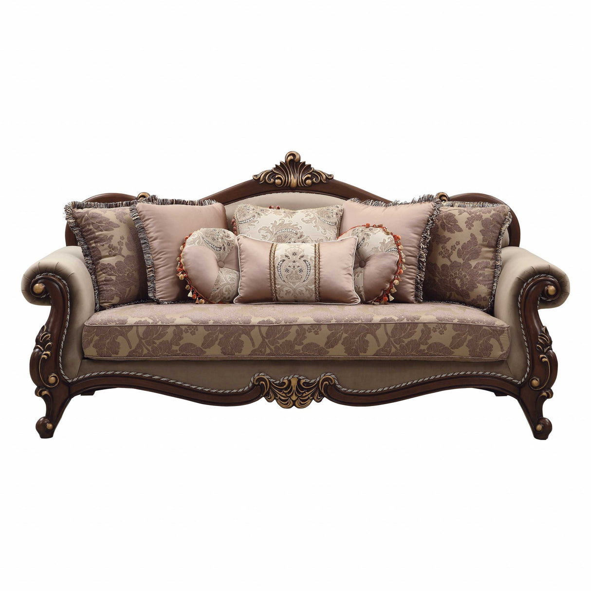 38" Beige Polyester Blend Curved Floral Sofa And Toss Pillows With Brown Legs