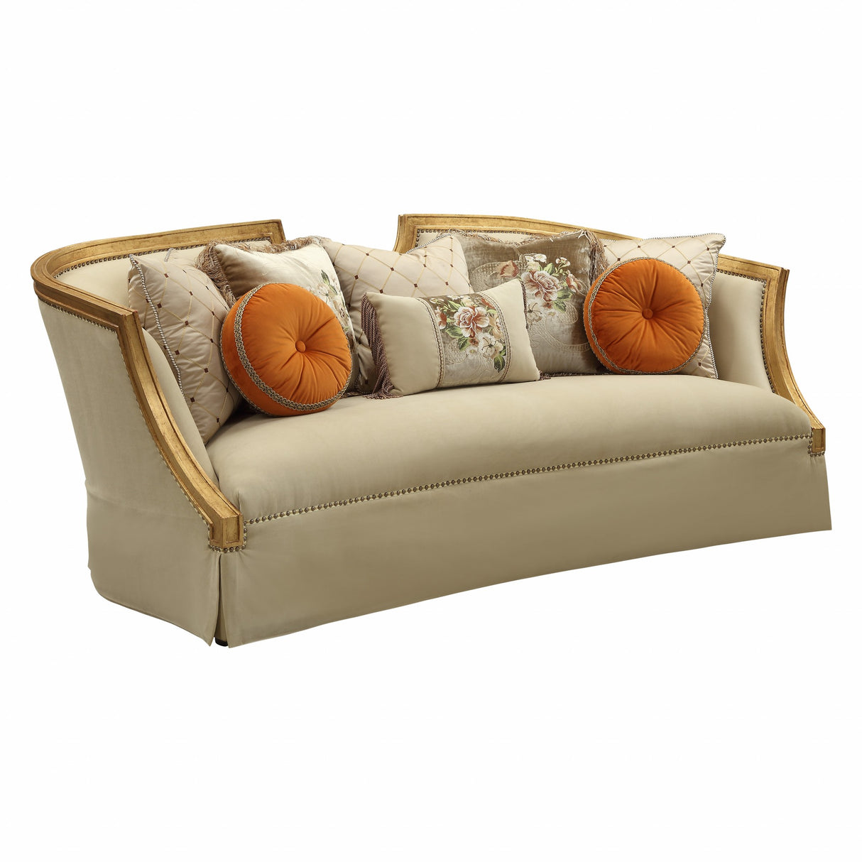 41" Beige Velvet Curved Sofa And Toss Pillows With Natural Legs