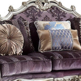 52" Dark Purple Velvet Curved Striped Sofa And Toss Pillows With Platinum Legs