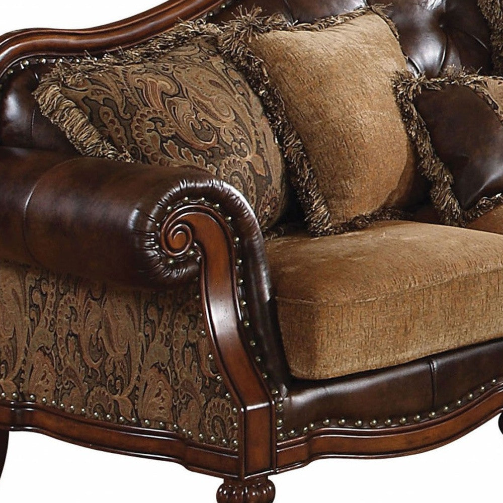 37" Brown Faux Leather and Chenille Sofa And Toss Pillows With Dark Brown Legs