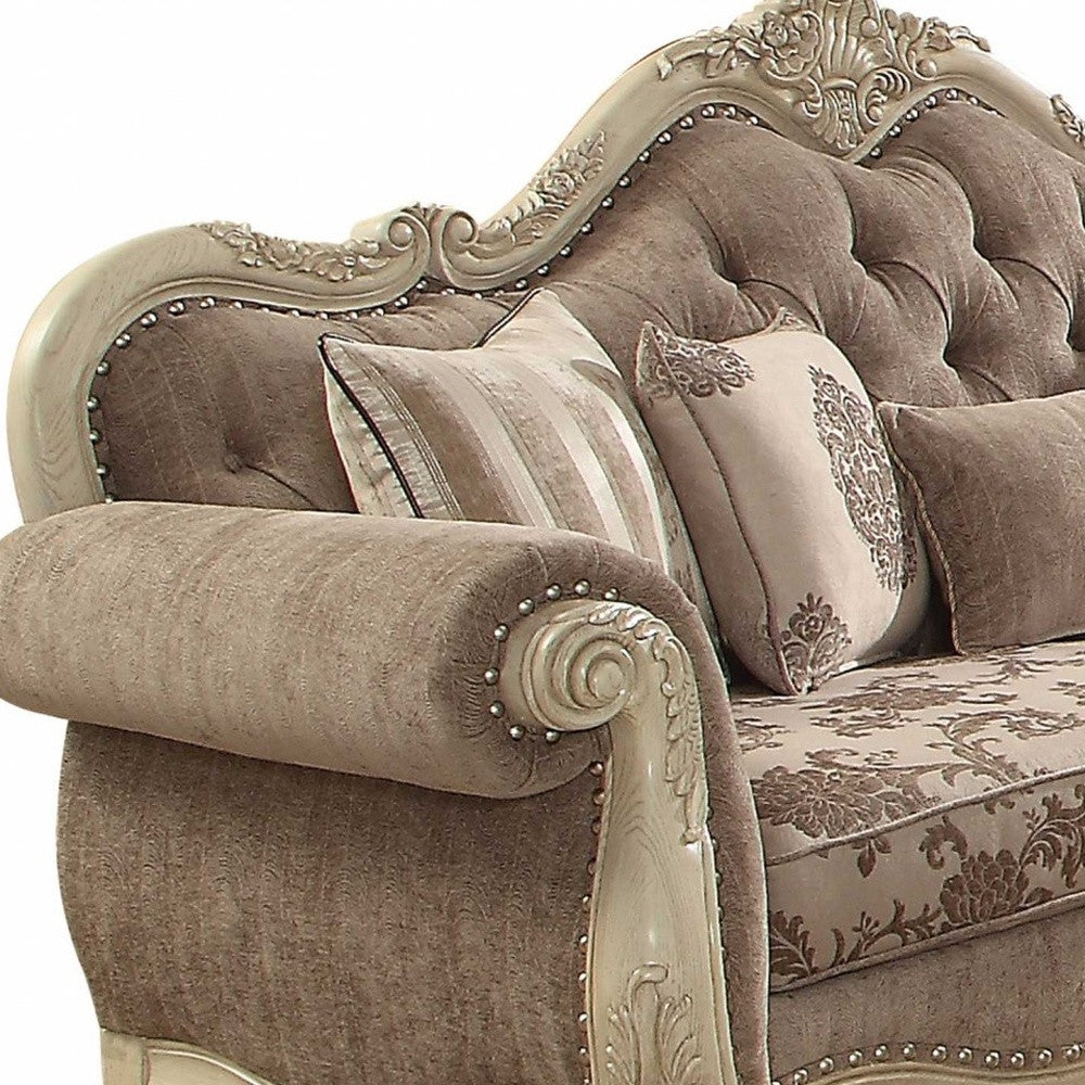 35" Gray Velvet Floral Sofa And Toss Pillows With Beige Legs