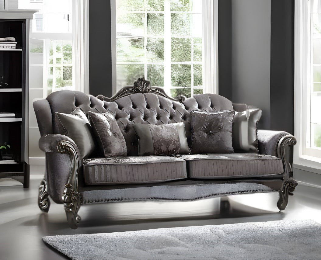 45" Platinum Velvet Curved Floral Sofa And Toss Pillows
