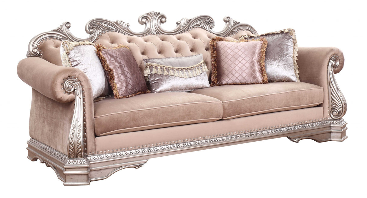 42" Light Pink Velvet Sofa And Toss Pillows With Champagne Legs