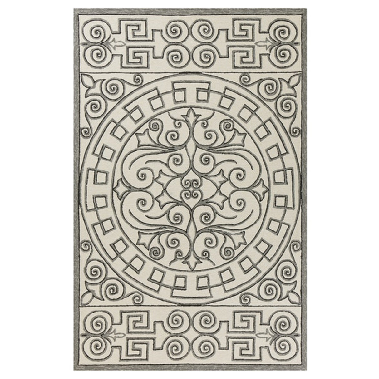 5' X 8' Gray and Ivory Damask Handmade Indoor Outdoor Area Rug