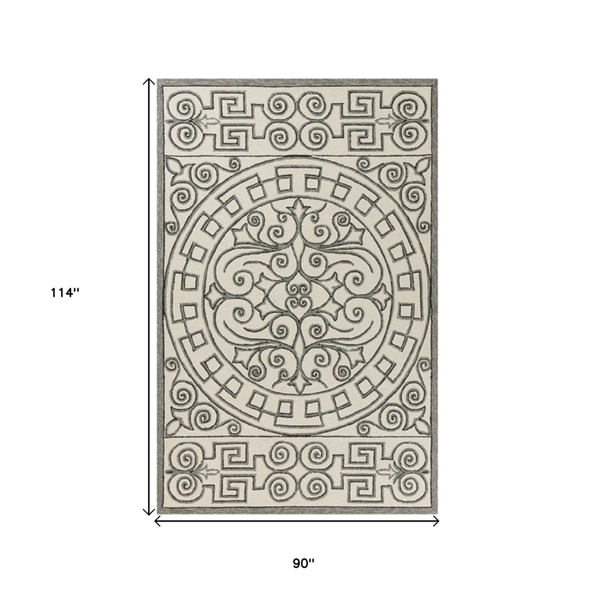 5' X 8' Gray and Ivory Damask Handmade Indoor Outdoor Area Rug