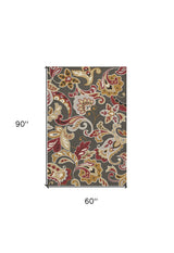 5' X 8' Taupe Floral Handmade Indoor Outdoor Area Rug