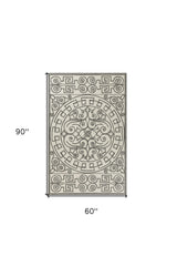 5' X 8' Gray and Ivory Damask Handmade Indoor Outdoor Area Rug