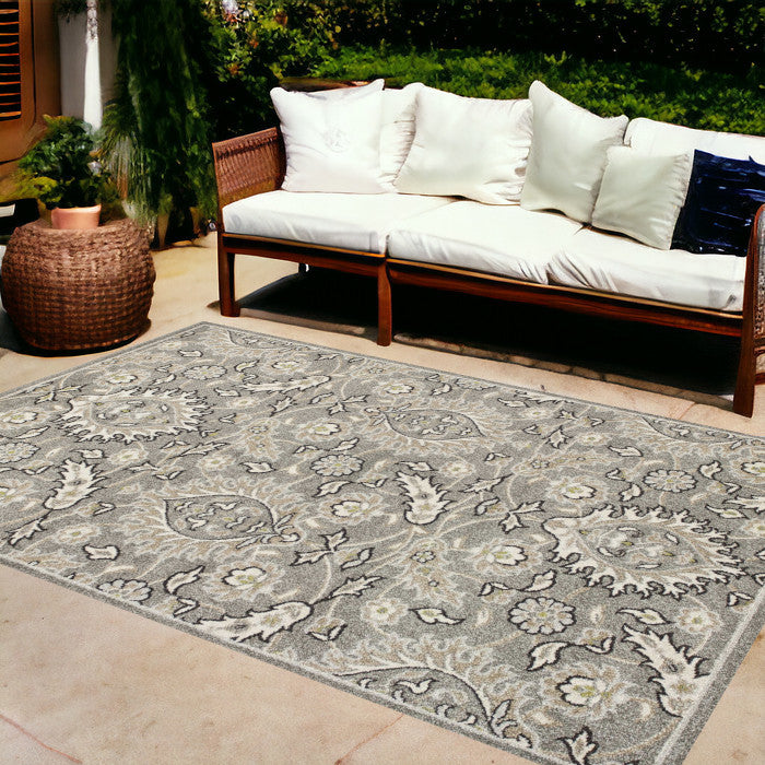 8' X 11' Gray Damask Indoor Outdoor Area Rug