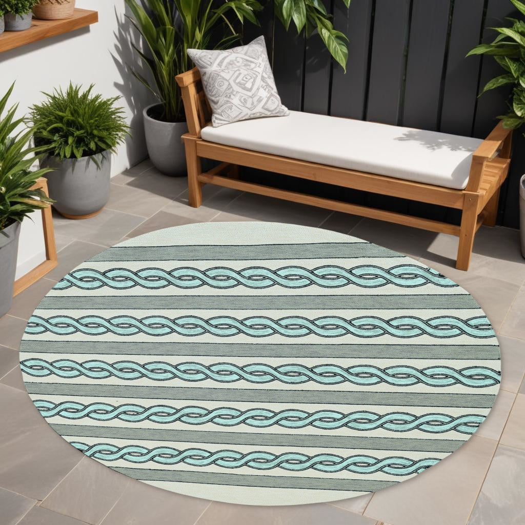 5' X 7' Ivory and Blue Abstract Indoor Outdoor Area Rug