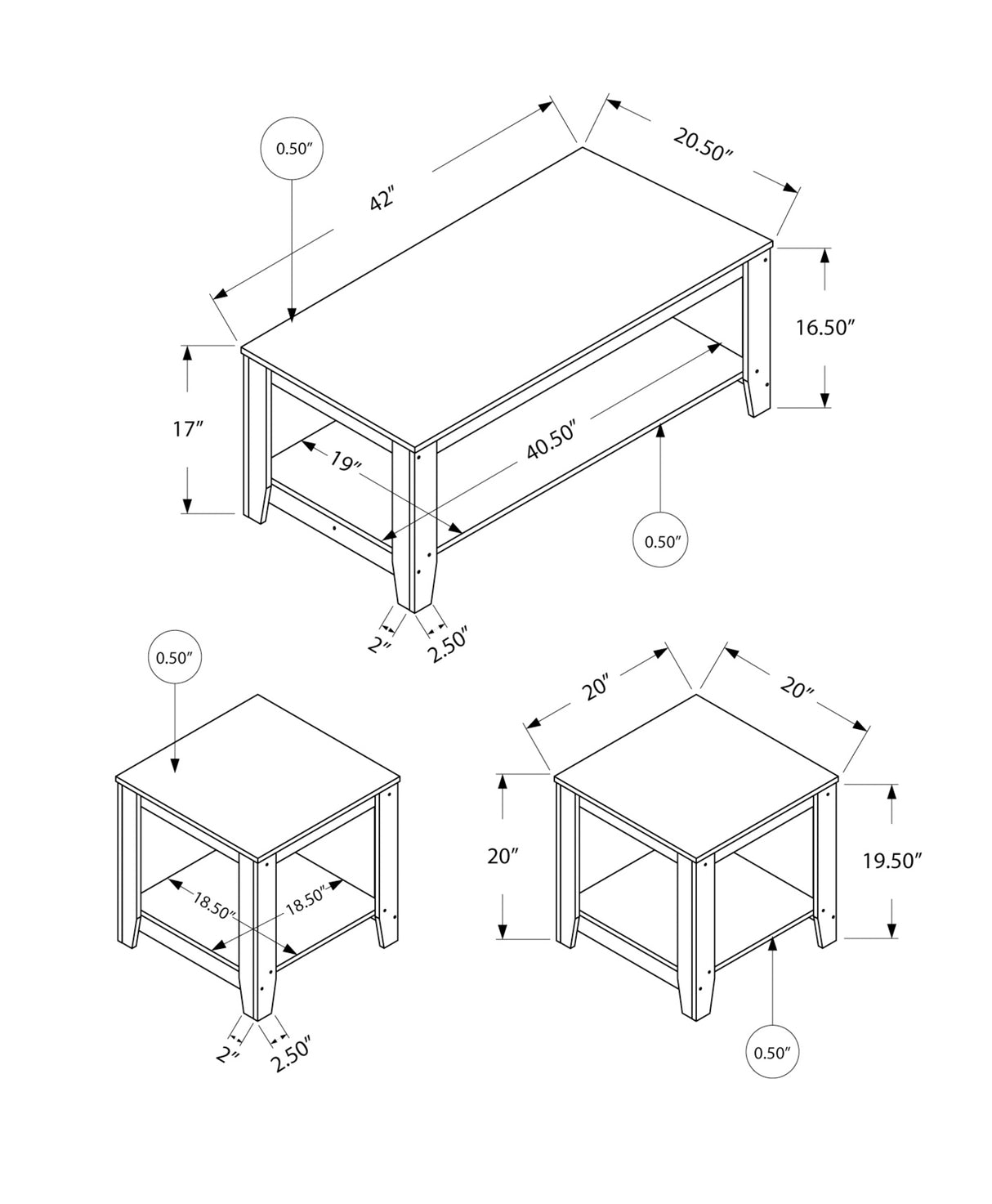 Set of Three 42" Gray And Black Coffee Table With Shelf