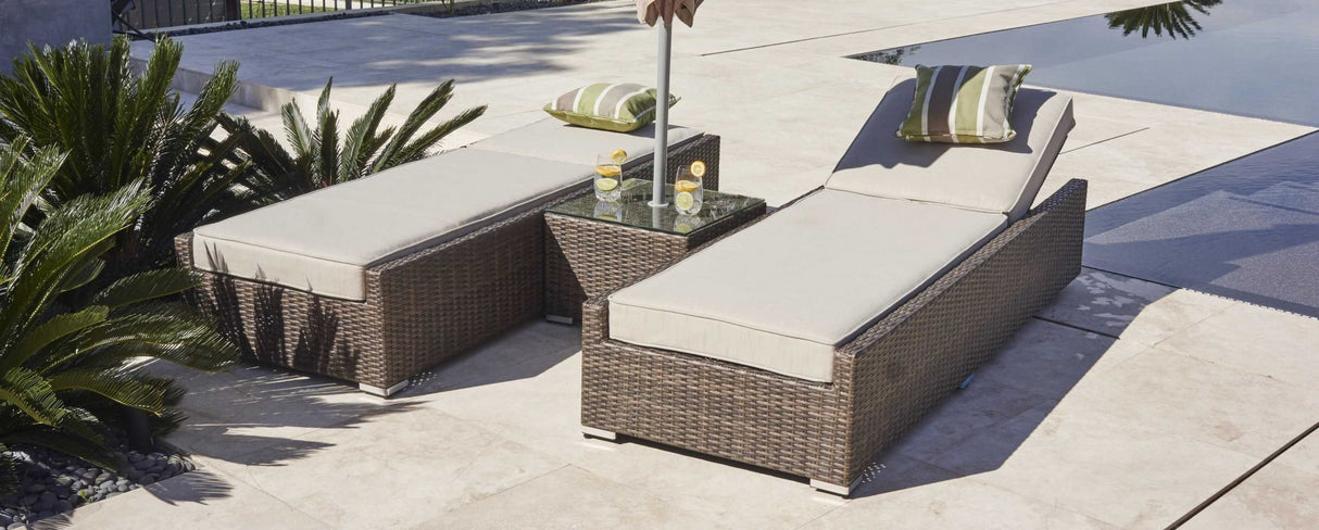 78" Set of Two Brown Indoor Outdoor Chaise Lounge with Beige Cushion