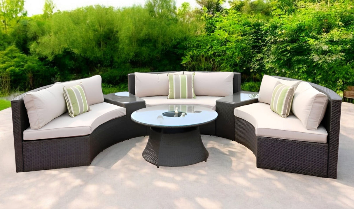 Six Piece Outdoor Black Wicker Sectional Seating Group with Beige Cushions