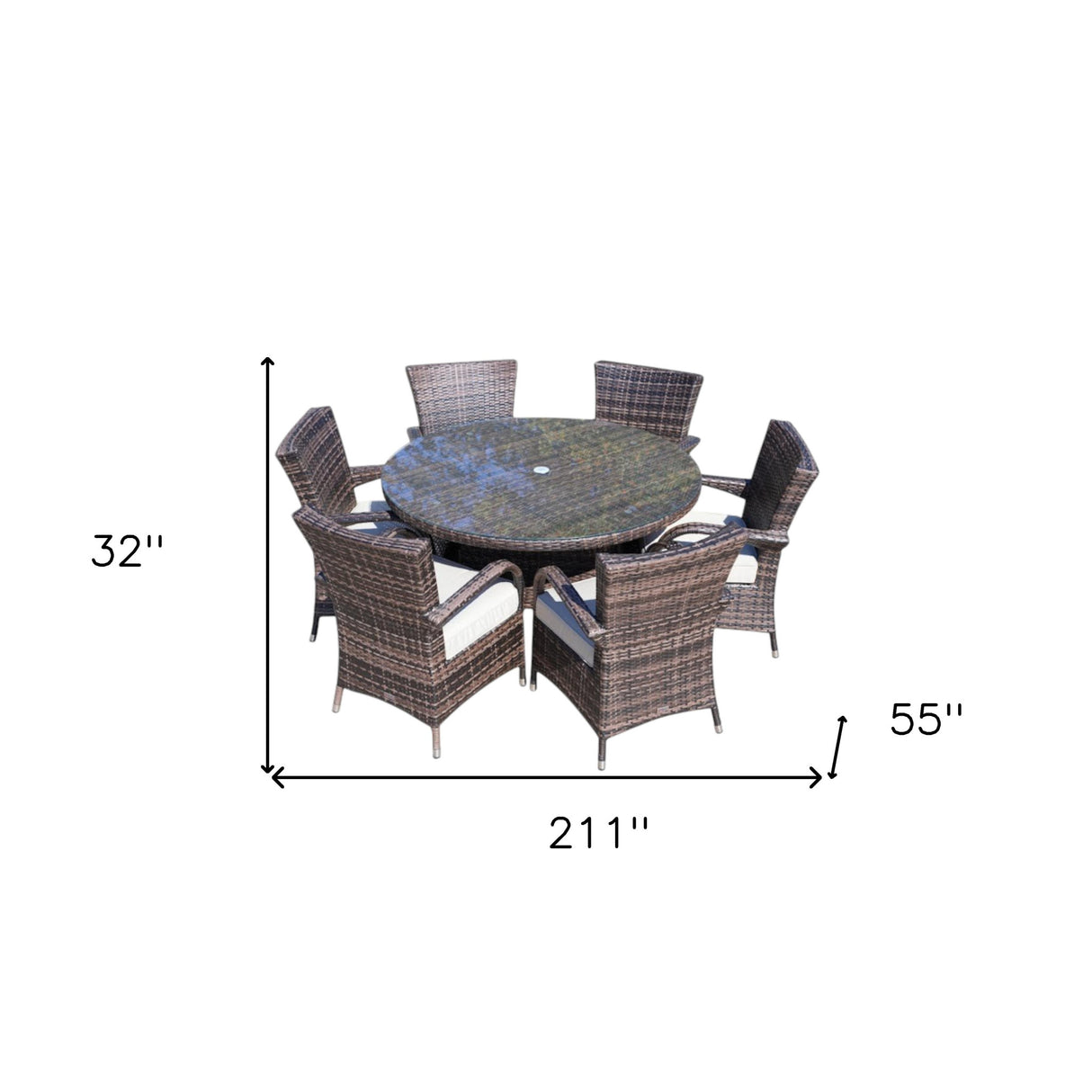 211" X 55" X 32" Brown 7Piece Outdoor Dining Set With Washed Cushion