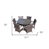 211" X 55" X 32" Brown 7Piece Outdoor Dining Set With Washed Cushion