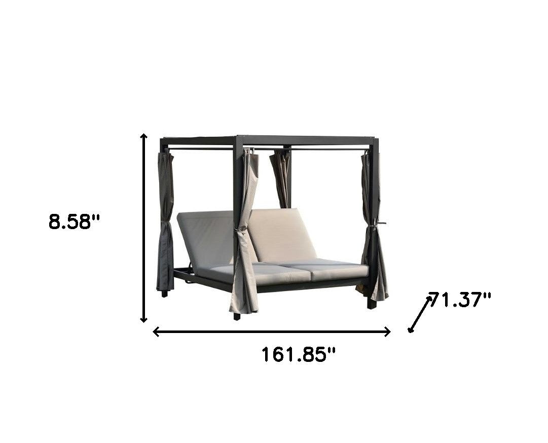 161.85" X 71.37" X 8.58" Gray Outdoor Steel Metal Adjustable Day Bed With Canopy And Taupe Cushions