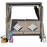 161.85" X 71.37" X 8.58" Gray Outdoor Steel Metal Adjustable Day Bed With Canopy And Taupe Cushions